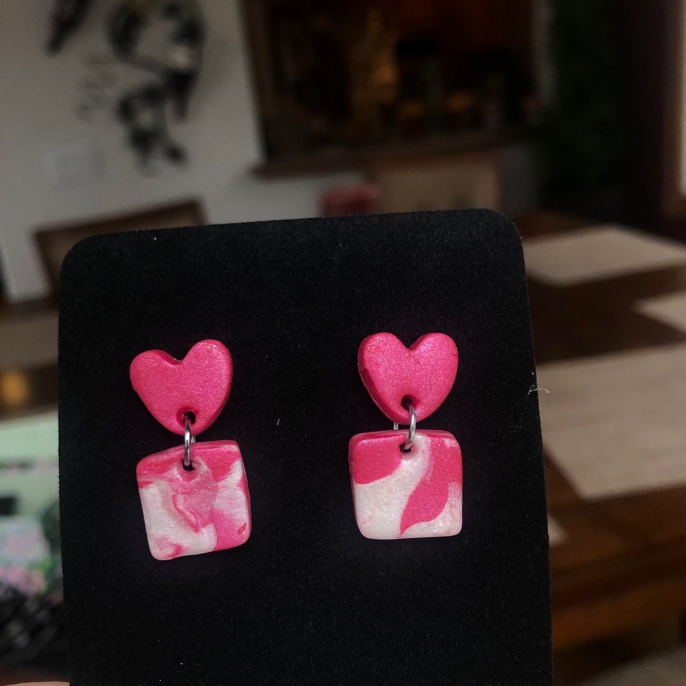 Clay earrings, heart with square dangle